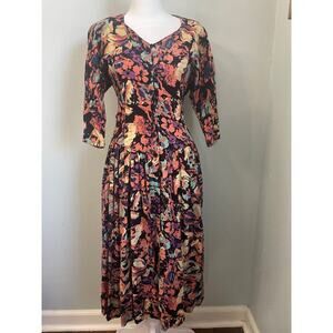 Vintage 90's Starina Creation Paris Floral V-Neck Midi Dress Boho Size Medium